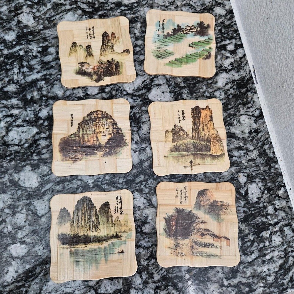 Vintage Bamboo Asian Landscape Coaster 6 Set‎